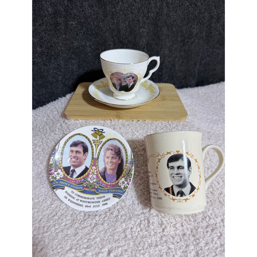 1986 Royal Wedding Prince Andrew Sarah Ferguson Mug Cup Saucer Plate Set Vintage